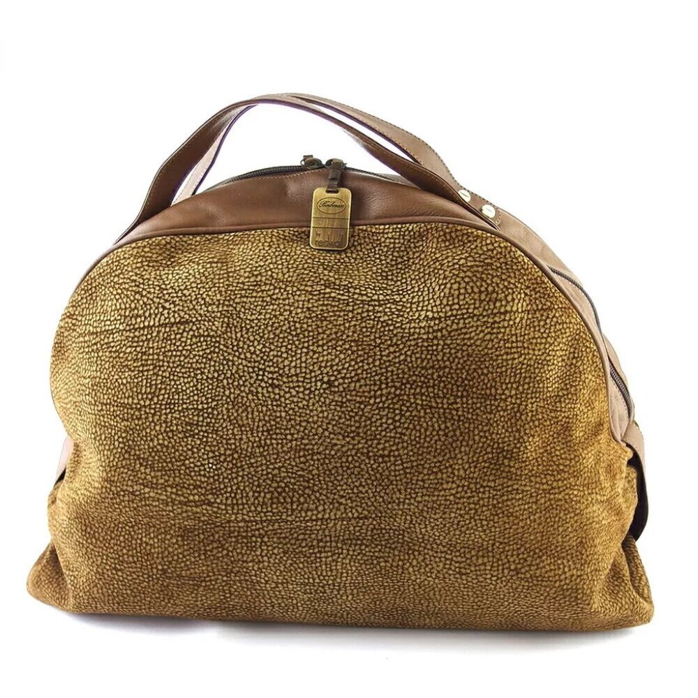BORBONESE Handbag Ushura Pattern Beige Suede ?~ Leather Authentic Used G1613